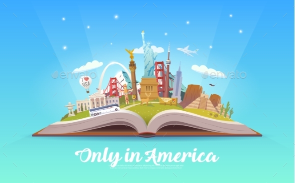 Travel To America. Open Book with Landmarks. - Buildings Objects