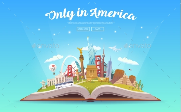 Travel To America. Open Book with Landmarks. - Buildings Objects