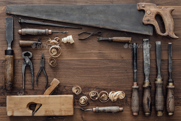 Collection of vintage woodworking tools Stock Photo by 