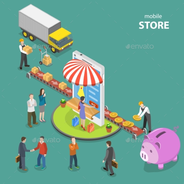 Mobile Store Flat Isometric Low Poly Vector Concept - Concepts Business