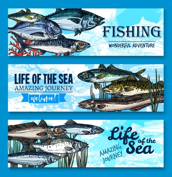 Vector Fish Banners for Sea Fishing Adventure - Animals Characters