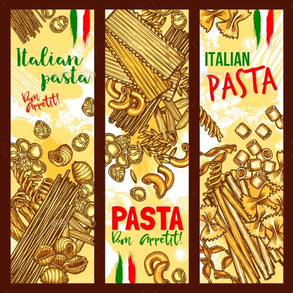 Pasta and Italian Macaroni Vector Banners - Food Objects