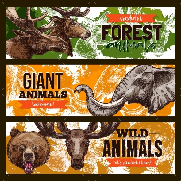 Wild Animals Vector Zoo or Save Animal Banners - Animals Characters