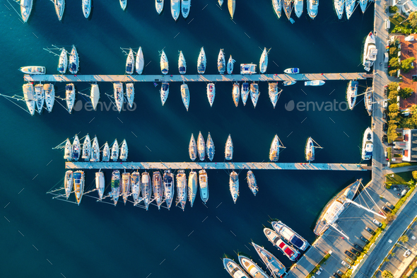Aerial view of amazing boats at sunset in Marmaris, Turkey - Stock Photo - Images