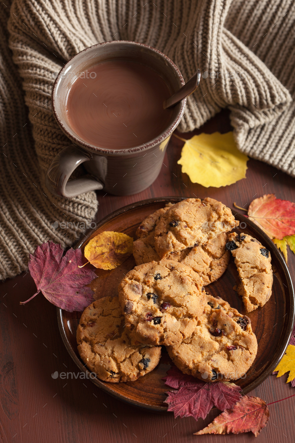 hot chocolate warming drink wool throw cozy autumn leaves cookie