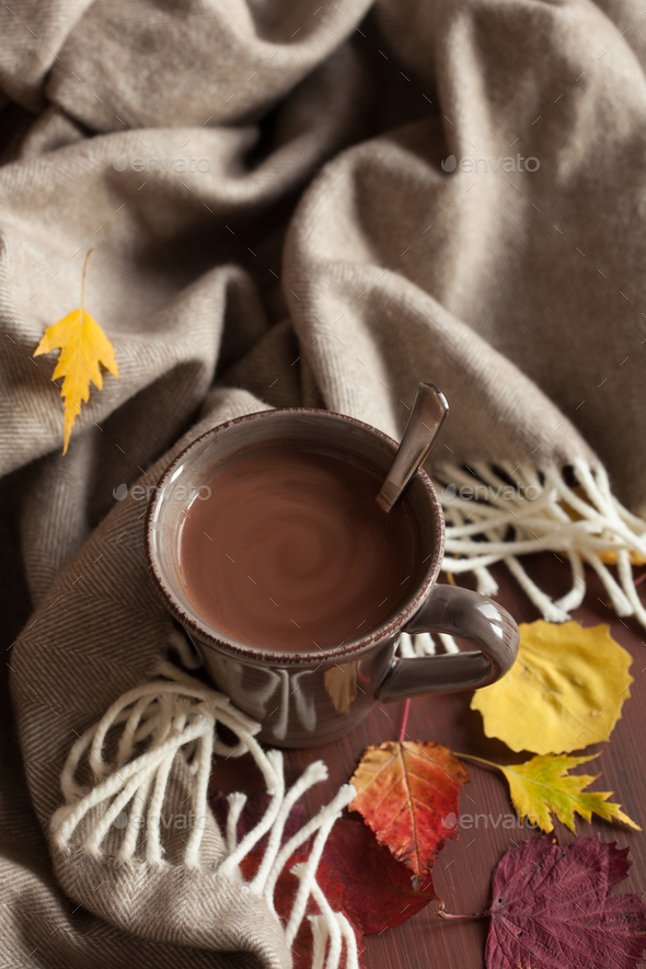 hot chocolate warming drink wool throw cozy autumn leaves