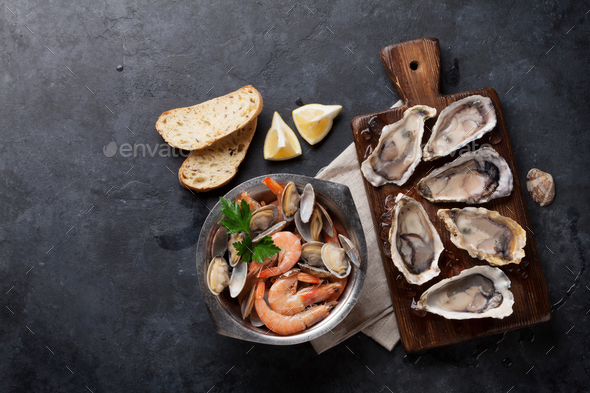 Fresh seafood on stone table