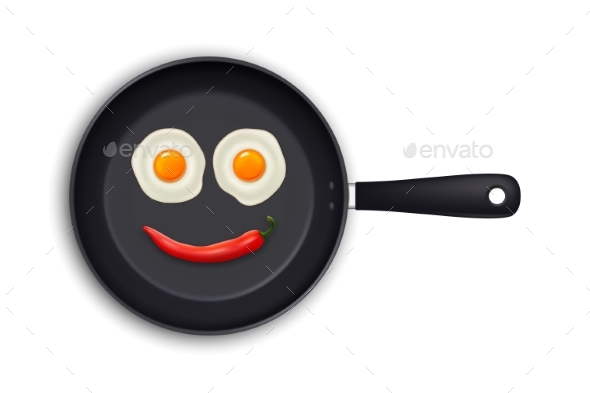 Two Realistic Fried Eggs and Red Hot Chili Pepper - Food Objects