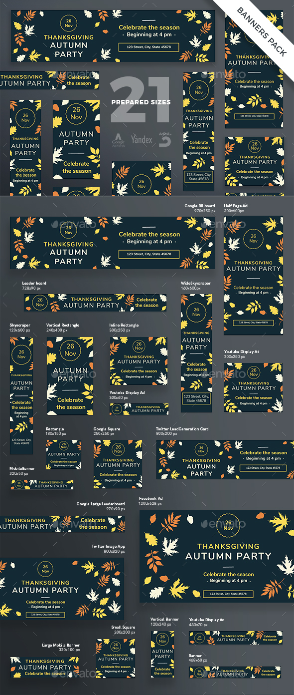 Thanksgiving Party Banner Pack - Banners & Ads Web Elements