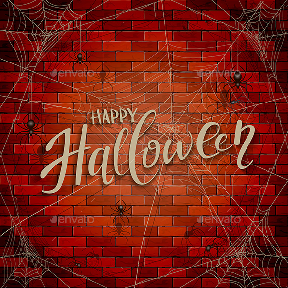 Happy Halloween on Brick Wall with Spiders