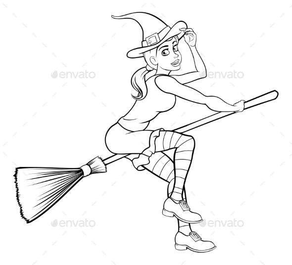 Cartoon Halloween Witch Flying on Her Broomstick