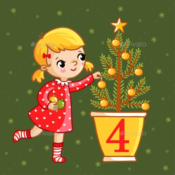 Girl Decorates a Christmas Tree - Christmas Seasons/Holidays