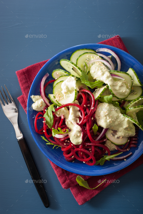 spiralized beet and cucumber salad with avocado dressing, health