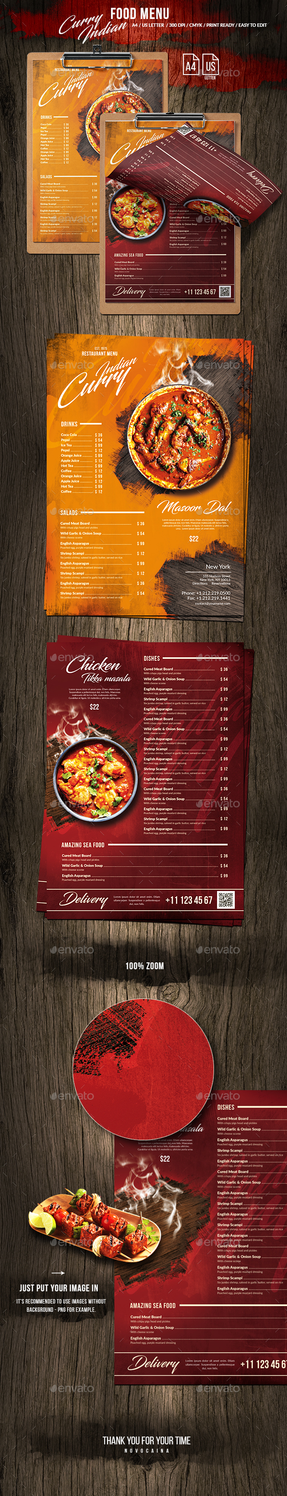 Curry Indian Single Page Food Menu US Letter & A4 - Food Menus Print Templates