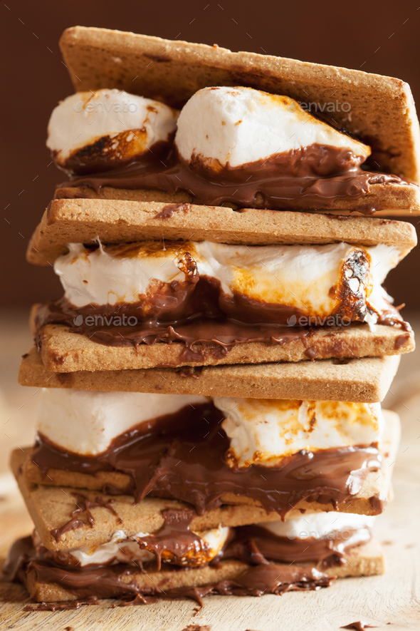 homemade marshmallow s'mores with chocolate on crackers Stock Photo by