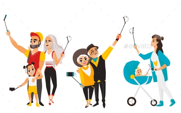 Couple and Family All Making Selfie - People Characters