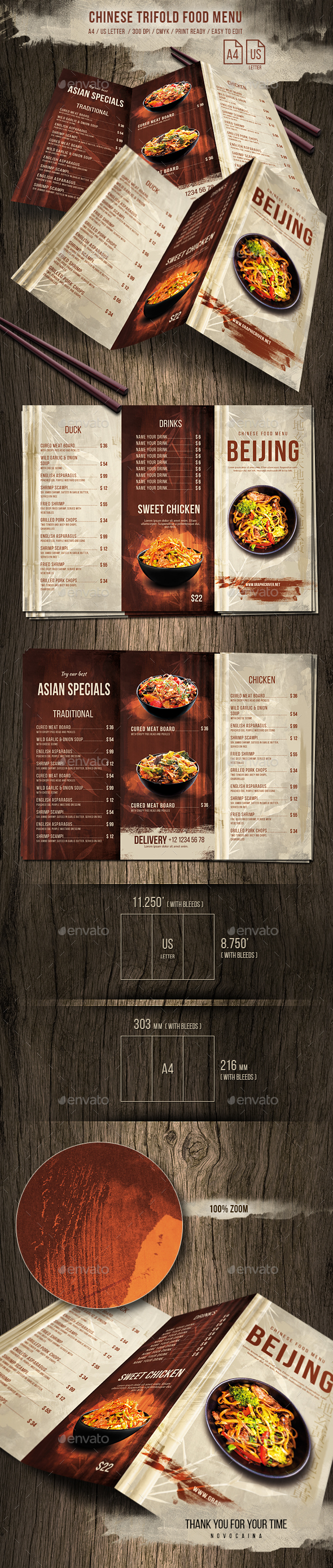 Chinese Trifold A4 & US Letter Food Menu - Food Menus Print Templates