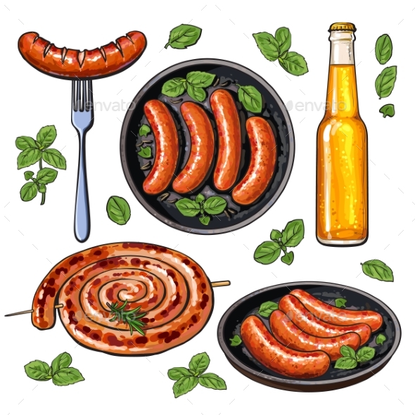 Beer and Sausages, Big Set of Barbeque Party Food - Food Objects