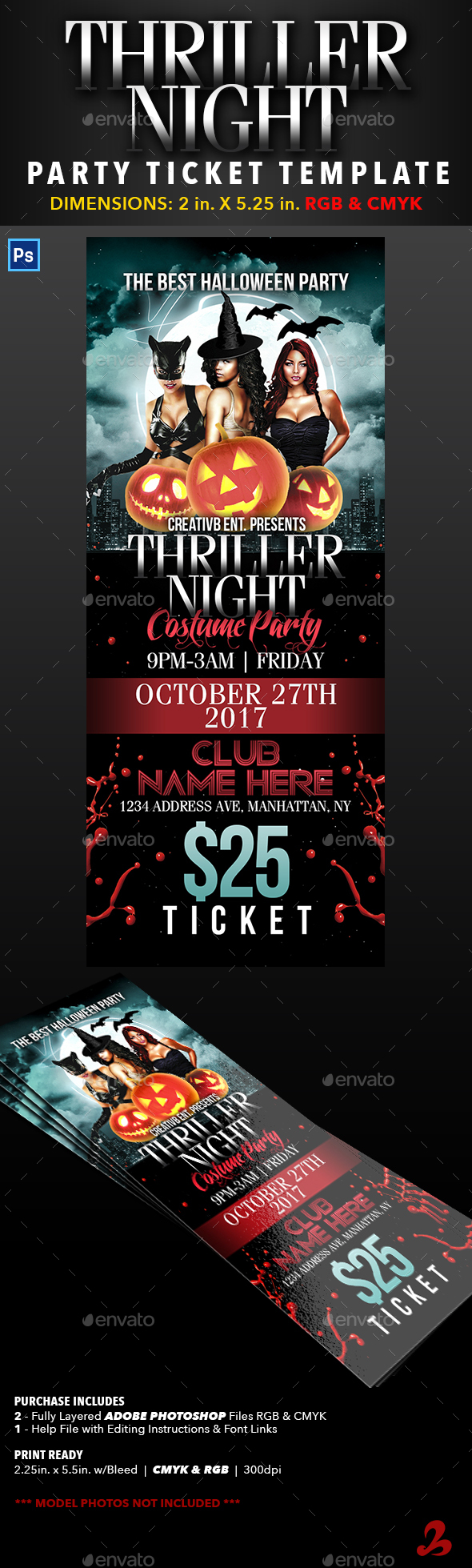 Thriller Night Halloween Party Ticket Template - Events Flyers