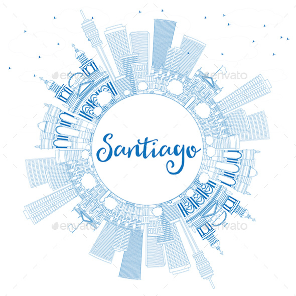Outline Santiago Chile Skyline with Blue Buildings and Copy Space - Buildings Objects
