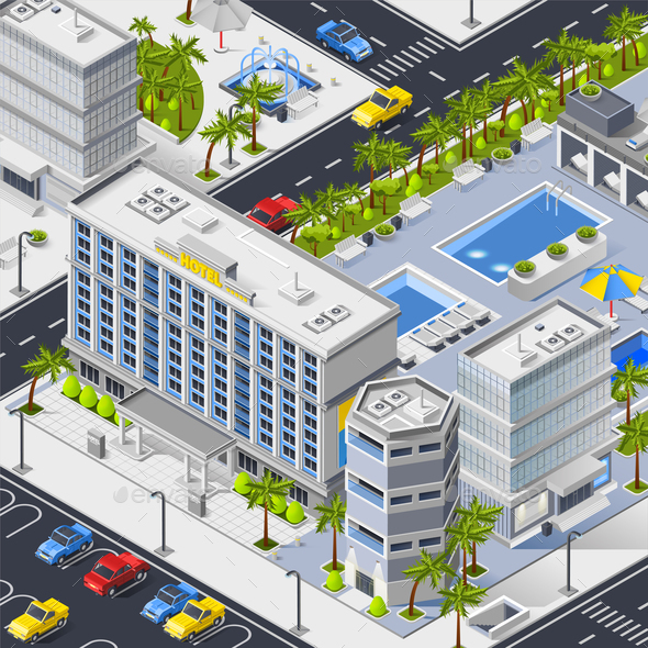 GraphicRiver City Landscape with Hotels Pools and Car Parking 20681529