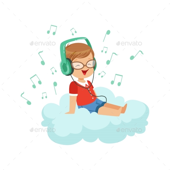 Boy Sitting on Cloud Listening Music - People Characters