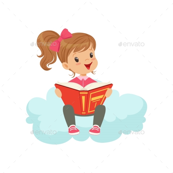 Girl Sitting on Cloud Reading a Book - People Characters