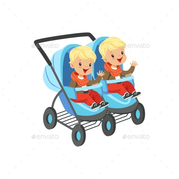 Twins Sitting in a Blue Baby Carriage - People Characters