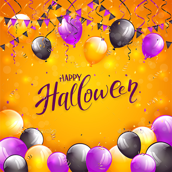 Orange Halloween Background with Balloons and Pennants