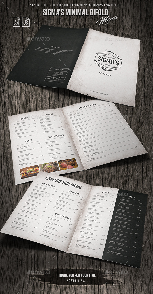 Sigma Minimal A4 & US Letter Bifold Menu - Food Menus Print Templates