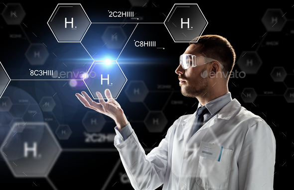 scientist in lab goggles chemical formula