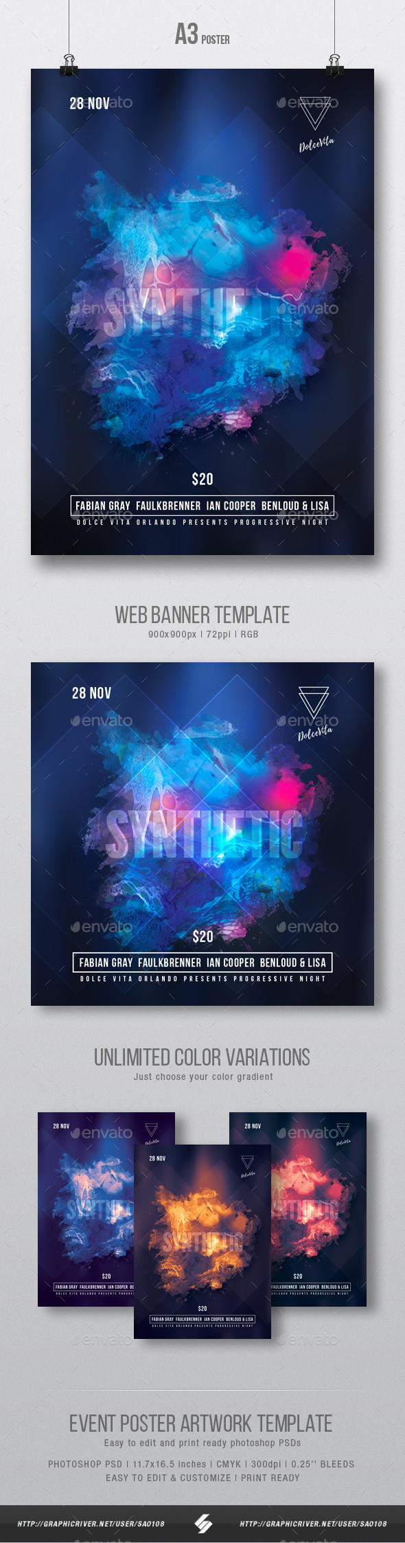 Synthetic - Abstract Glowing Party Flyer / Poster Template A3 - Clubs & Parties Events