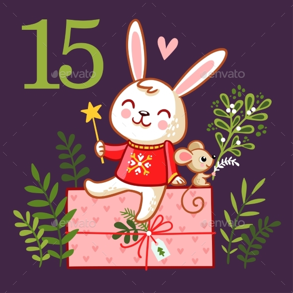 Smiling Rabbit Sits on a Box with a Gift - Christmas Seasons/Holidays