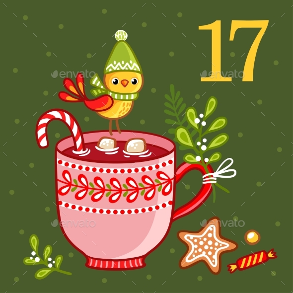 Bird in Winter Hat Sits on Cup - Christmas Seasons/Holidays