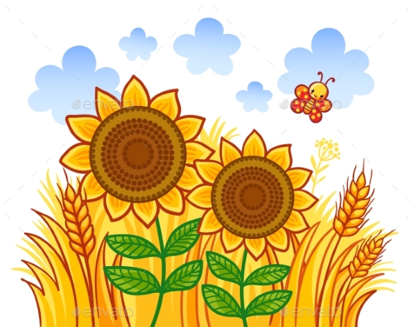 GraphicRiver Couple of Sunflowers on a Background of Wheat 20686150 GraphicRiver Couple of Sunflowers on a Background of Wheat 20686150