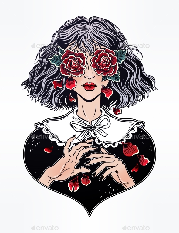 Girl with Eyes as Roses Crying Rose Petal Tears - People Characters