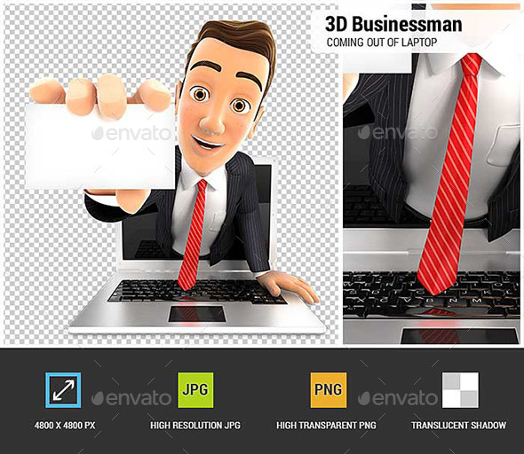 GraphicRiver 3D Businessman Coming Out of Laptop with a Business Card 20688307 GraphicRiver 3D Businessman Coming Out of Laptop with a Business Card 20688307