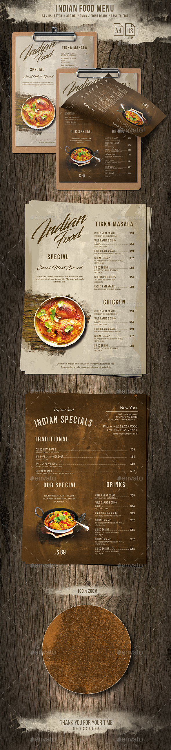 Indian A4 & US Letter Single Page Food Menu - Food Menus Print Templates
