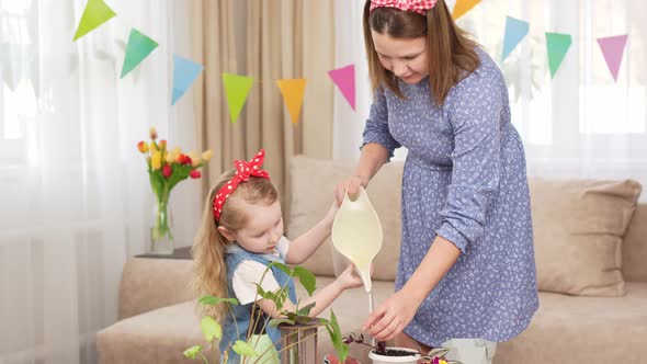 a Mother and Daughter Pour Water Into Glass Flasks for Germination of Plants alt