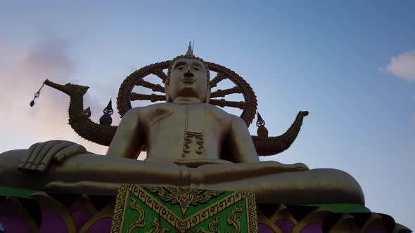 Time lapse of Big Buddha Temple on Ko Samui island at sunset. Wat Phra Yai Temple. Buddhism landmark