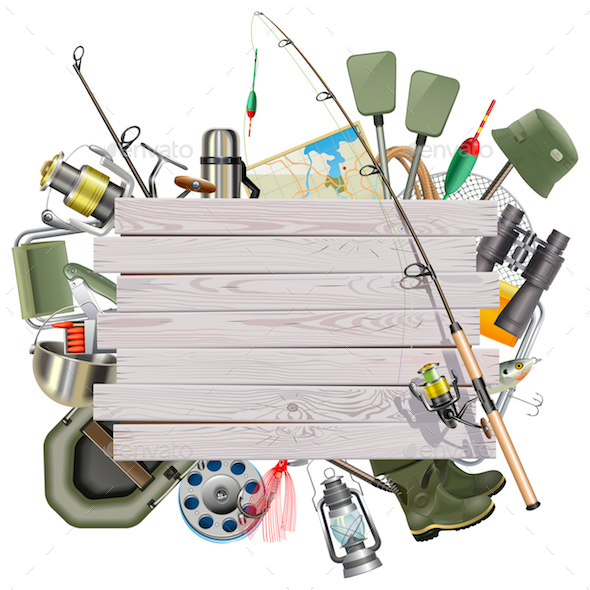 Vector Fishing Concept with Wooden Plank - Sports/Activity Conceptual
