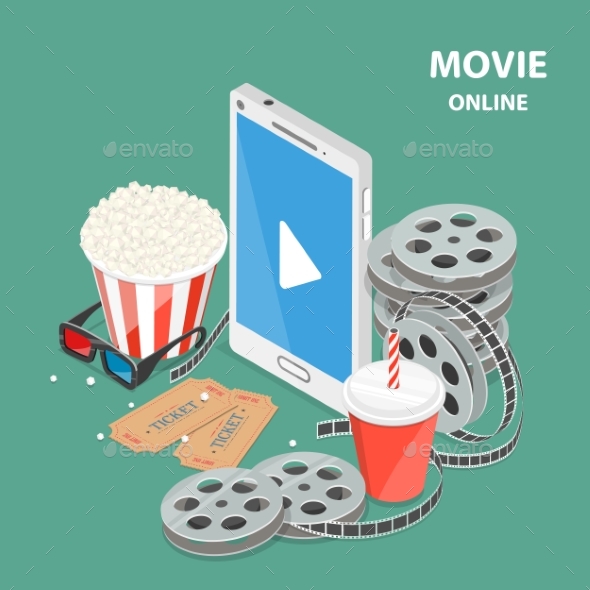 Online Movie Flat Isometric Low Poly Vector Concept - Computers Technology