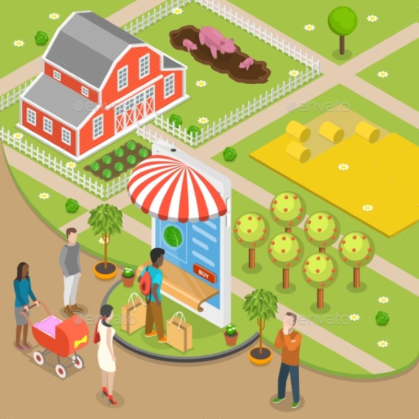 Organic Food Online Order Flat Isometric Low Poly Vector Concept - Food Objects