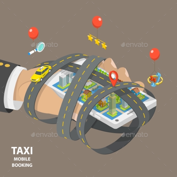 Mobile Taxi Booking Flat Isometric Low Poly Vector - Miscellaneous Vectors