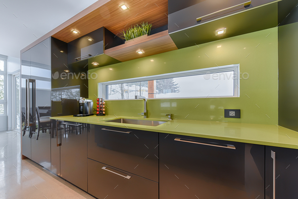 Modern kitchen with green quartz counter top close-up