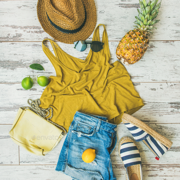 Colorful summer fashion outfit flat-lay over pastel background, square crop - Stock Photo - Images