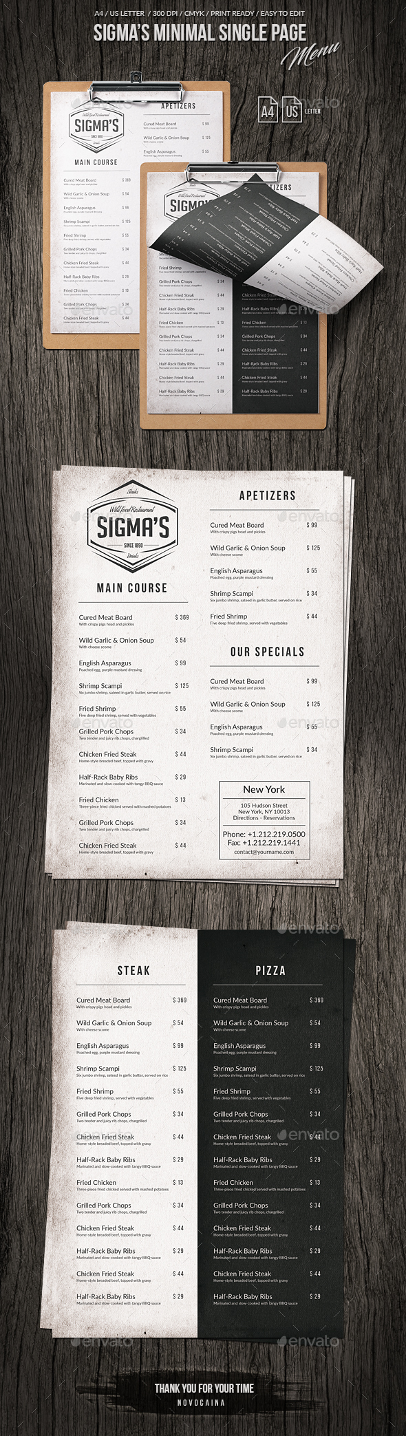 Sigma Minimal US Letter and A4 Single Page Menu - Food Menus Print Templates