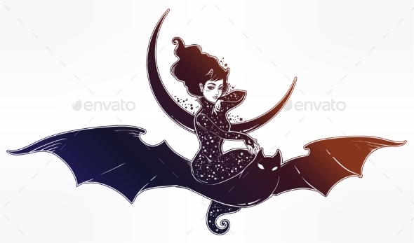Witch Girl Flying on a Bat Over the Moon - Monsters Characters