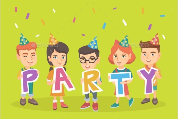 Group of Caucasian Children Celebrating the Party - People Characters
