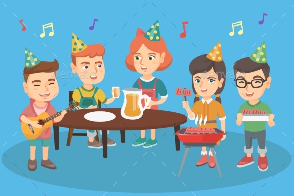 Children Having Fun at Outdoor Birthday Party - People Characters